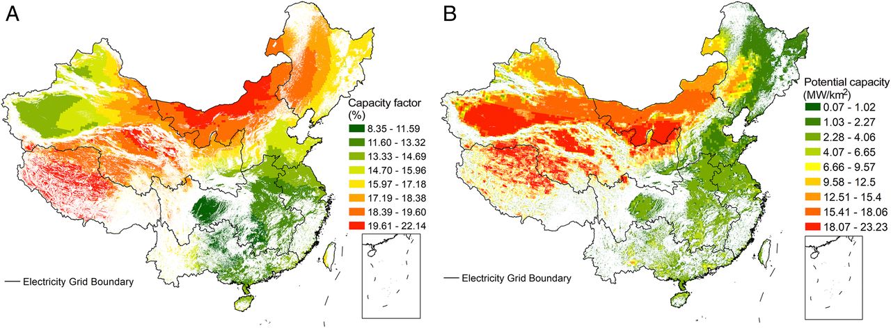 20211012-心博在线登录入口环境学院、碳中和研究院、哈佛大学等联合团队系统解析我国太阳能发电平价路径与并网潜力-鲁玺-图1 光伏发电容量因子（A）及装机潜力（B）分布.jpg